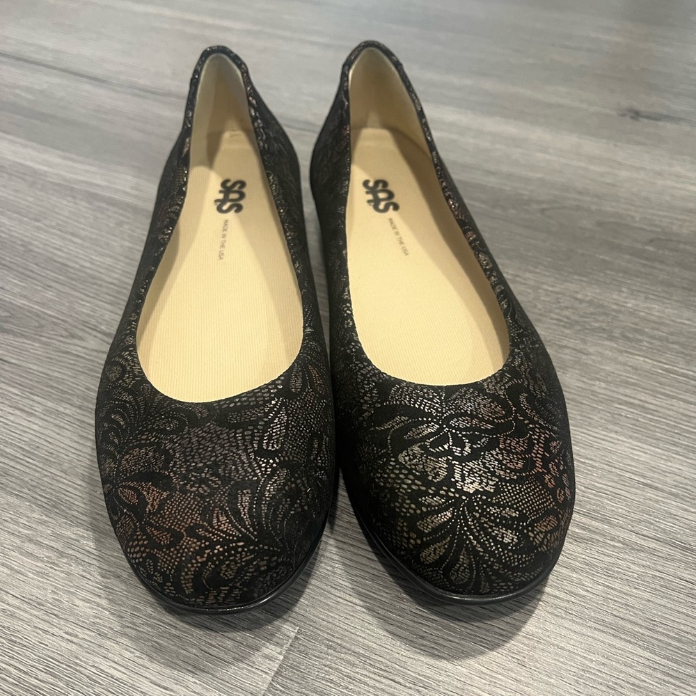 SAS Black Metallic Lace Ballet Flats with removable Ortholite insoles